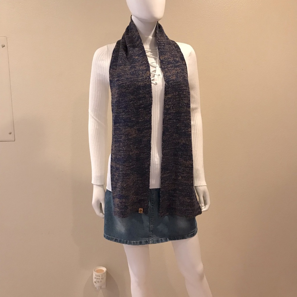 Timberland Knit Scarf Navy Blue Tan Unisex Acrylic Fall Winter Outdoor Gorpcore